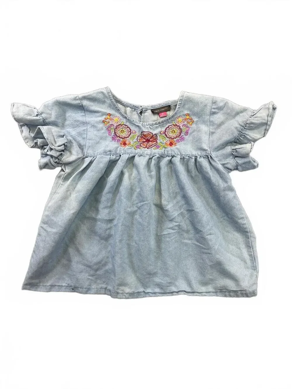 Vince Camuto Girls 10 Light Wash Denim Top Floral Embroidered Ruffle Sleeve